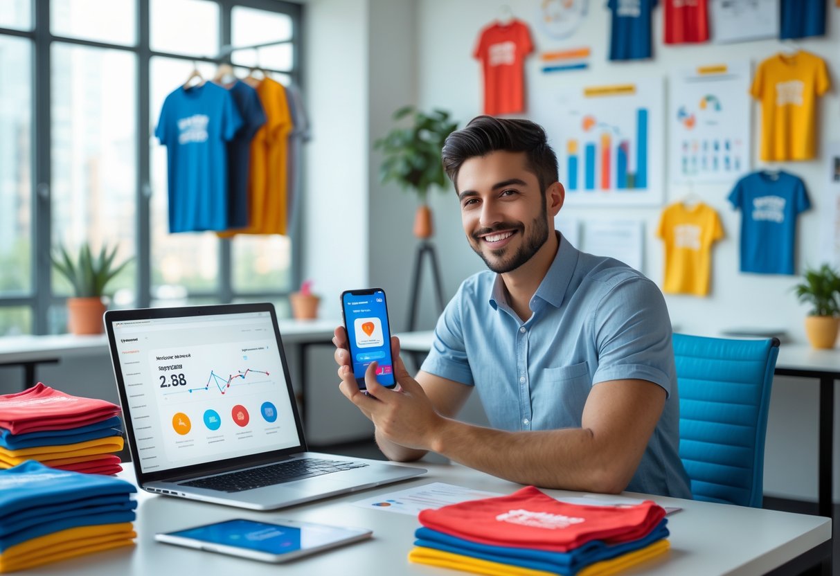 A person working at a desk with a laptop and smartphone surrounded by colorful t-shirts and marketing materials.