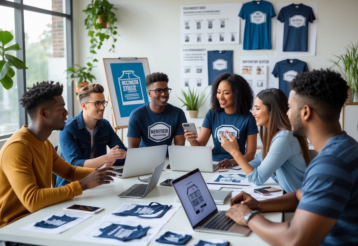 A group of young adults working together around a table with laptops and smartphones, creating content and discussing marketing strategies for a t-shirt business.