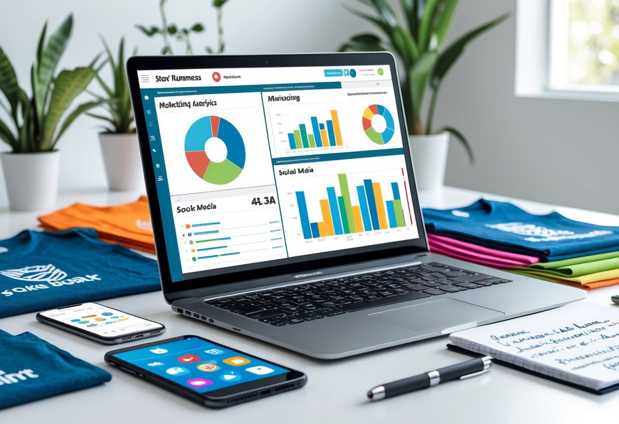 A workspace with a laptop showing marketing data, t-shirt designs, a smartphone, and a notebook in a bright office setting.