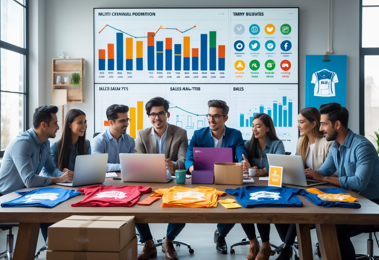 A group of people working together around a table with laptops, t-shirt samples, and sales charts, planning a t-shirt business promotion.