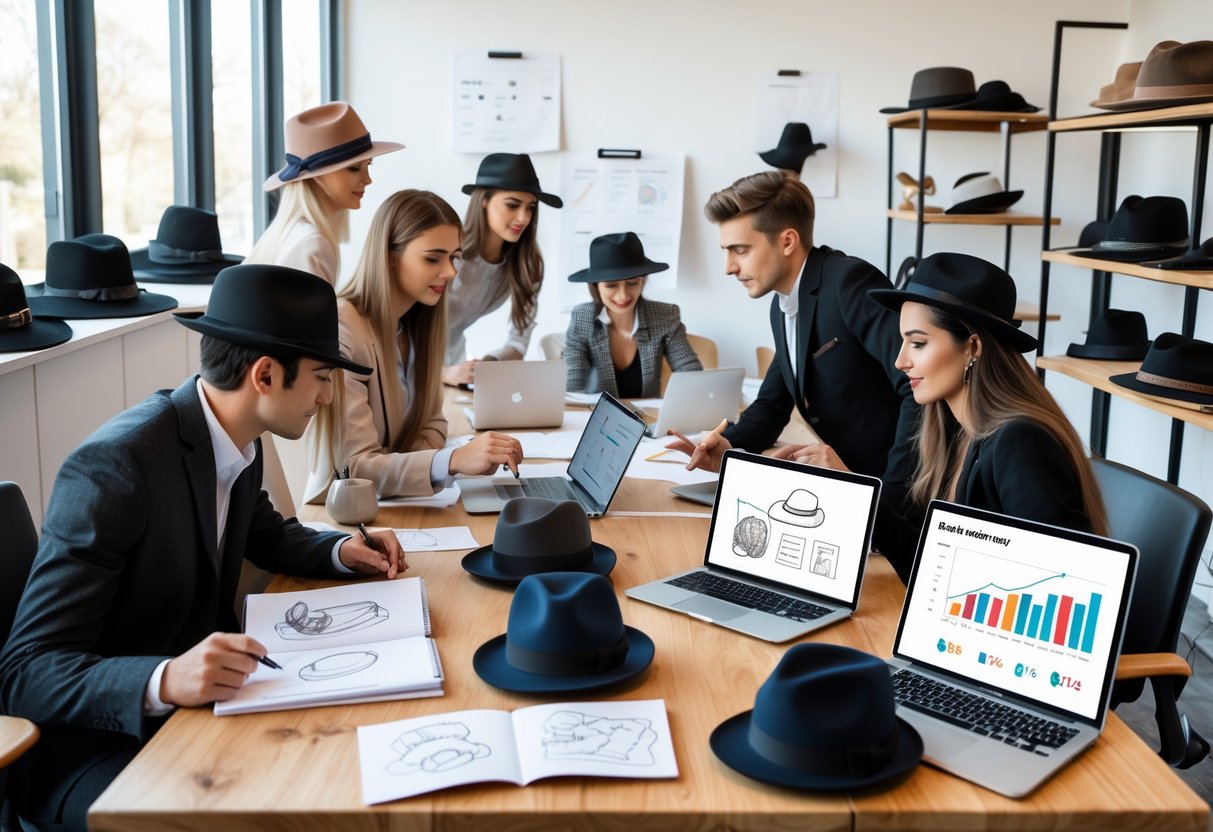 A group of people working together at a table with hats, laptops, and sketches in a bright office.