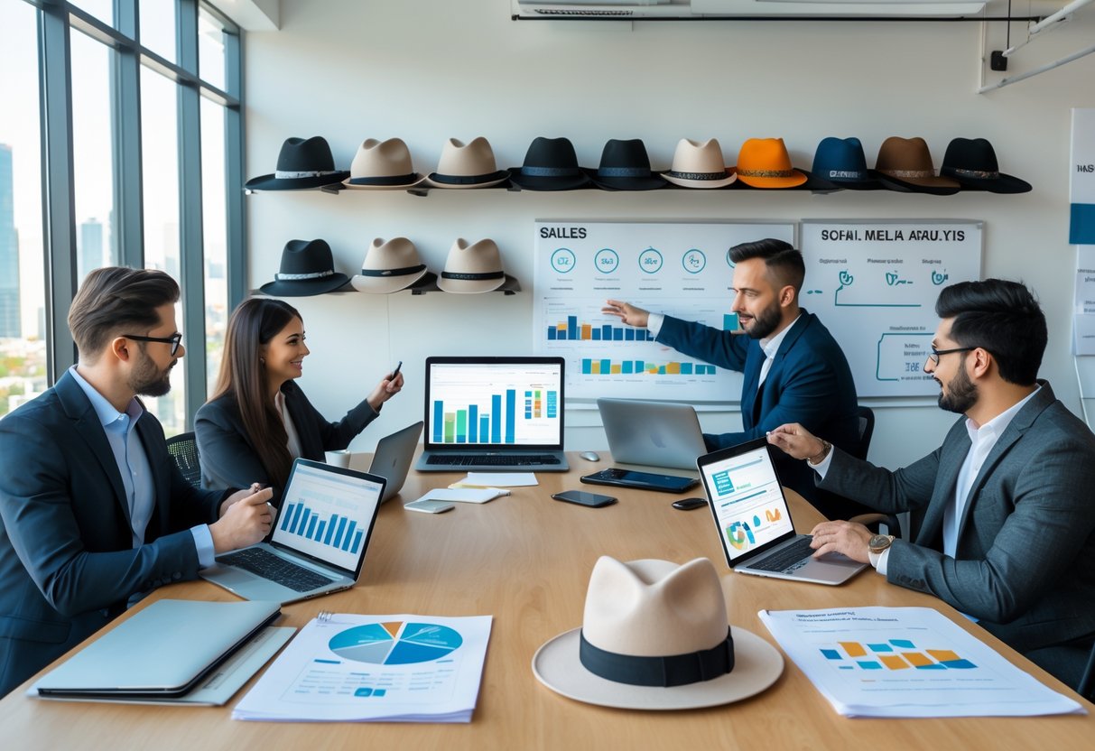 A group of people working together in an office with laptops, hat samples, and charts as they research starting a hat business.