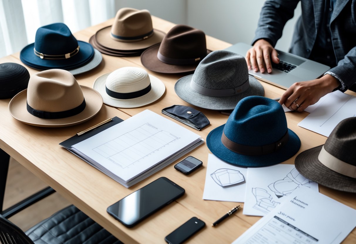 A workspace with several hats, design sketches, and a laptop, showing someone organizing hat samples.