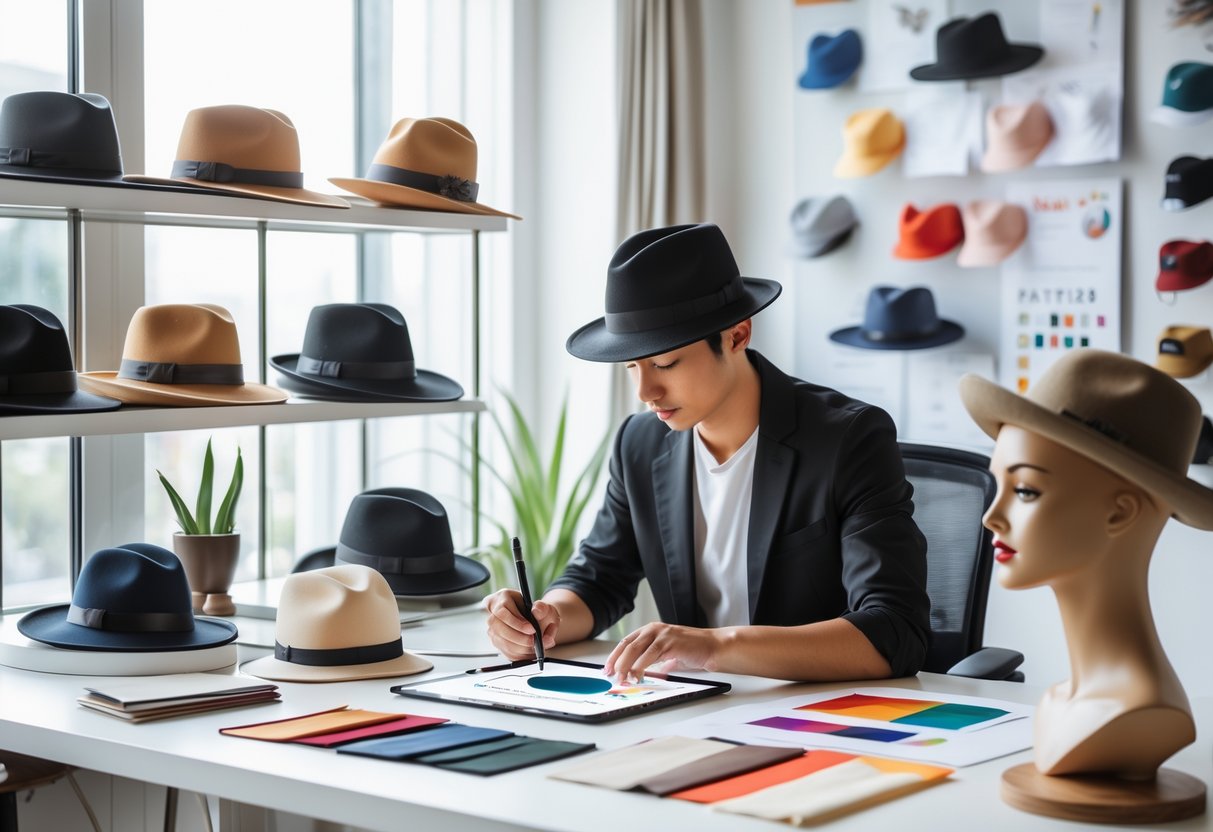 A person working at a desk designing hats with various hats displayed on shelves and branding materials around them.