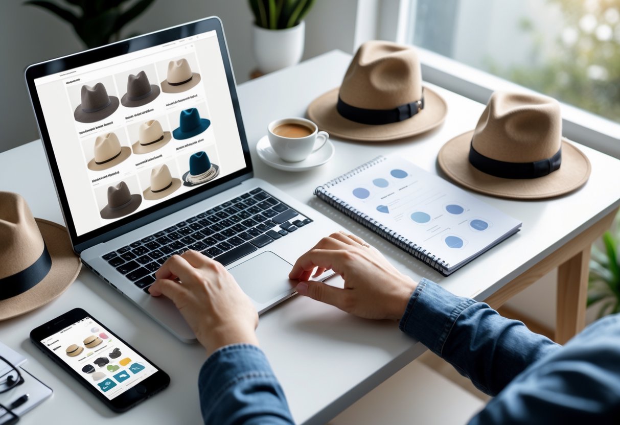A person typing on a laptop surrounded by hats and business materials in a home office.