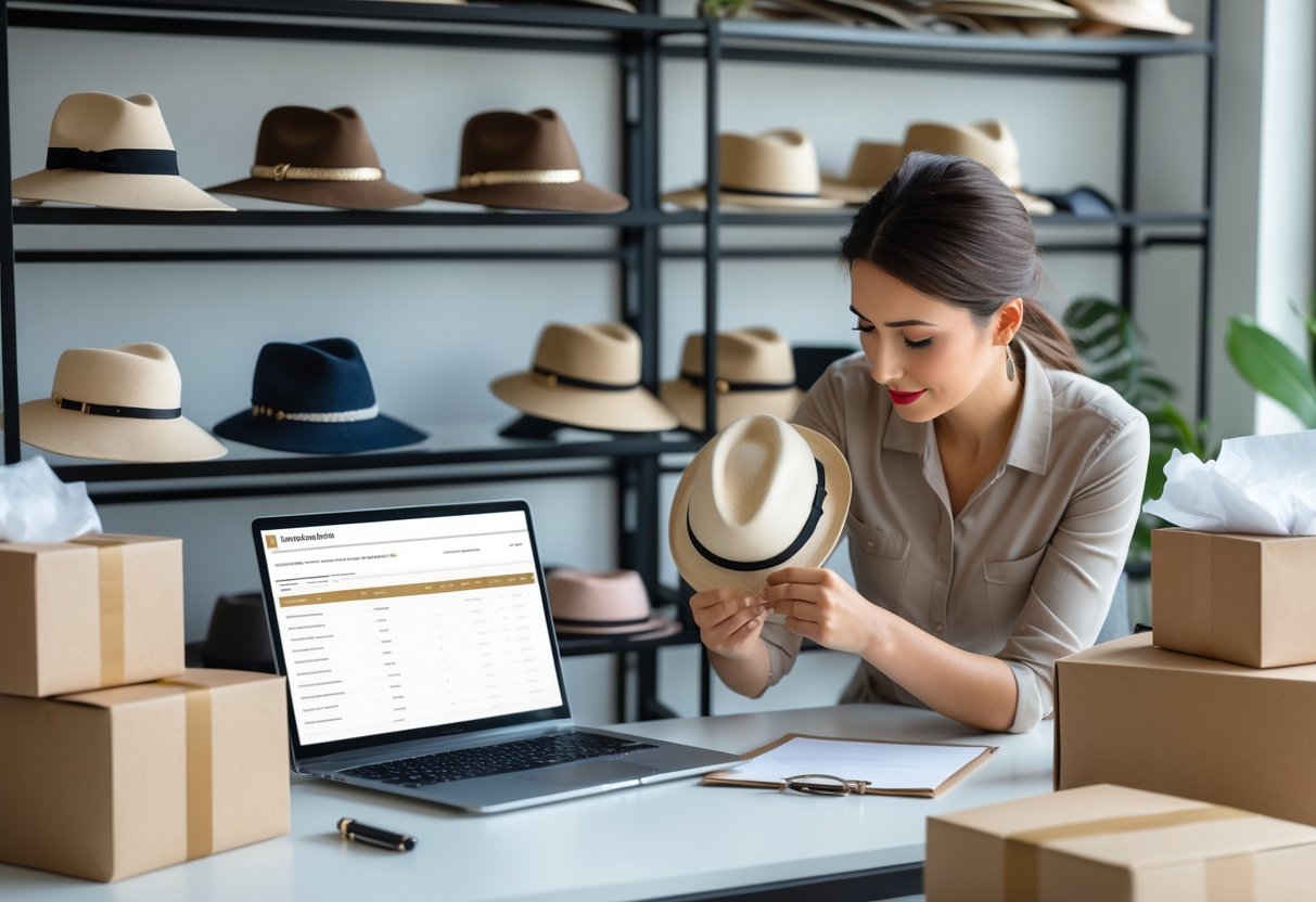 Person inspecting hats in a well-organized workspace with a laptop and shipping boxes nearby.