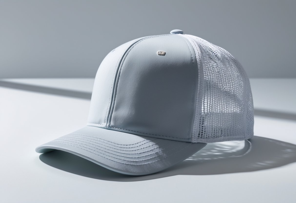 A white trucker hat with a foam front panel and mesh back displayed on a plain background.
