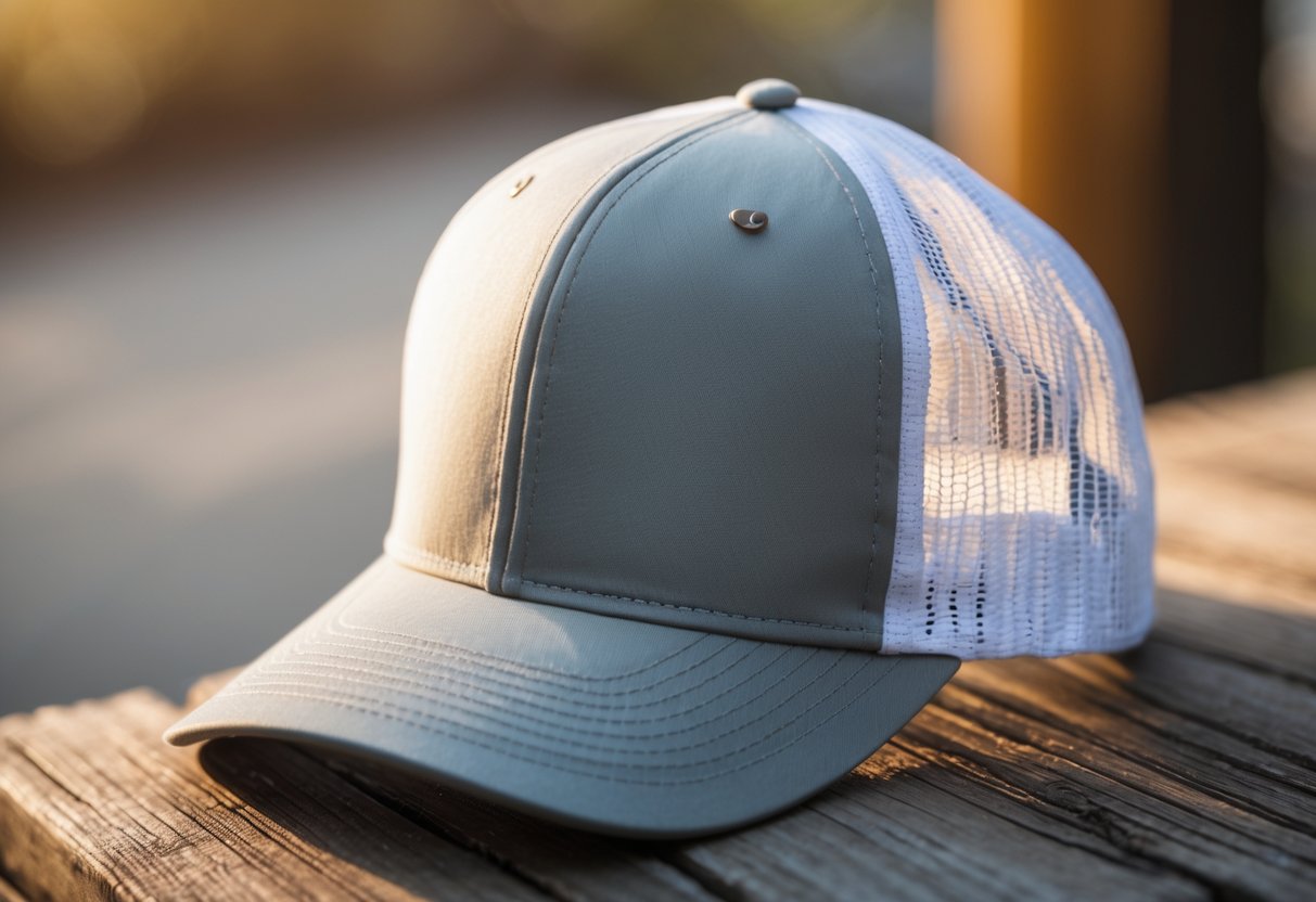 A trucker hat with a solid front panel and white mesh back placed on a wooden surface.