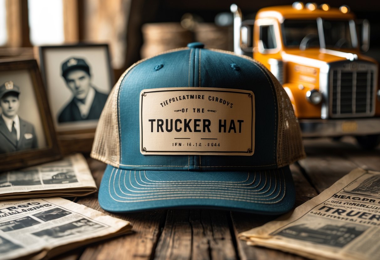 A vintage trucker hat on a wooden table surrounded by old photographs and a model delivery truck.