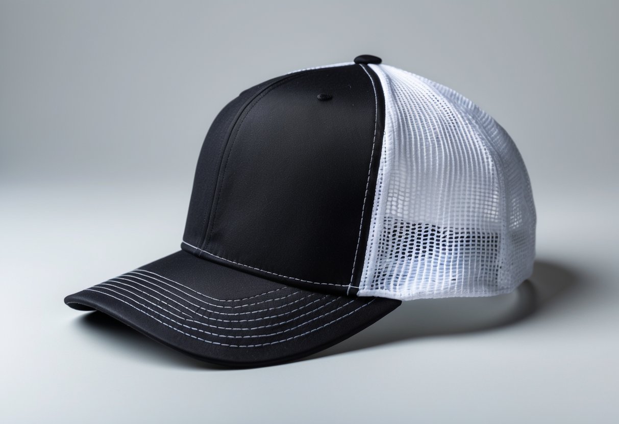 Close-up image of a white trucker hat showing the foam front panel and mesh back with an adjustable snapback closure.