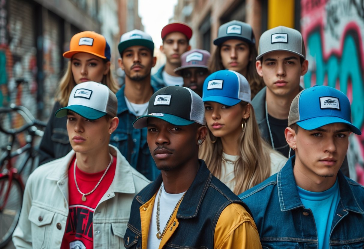 A group of young adults wearing different trucker hats outdoors in a city environment.