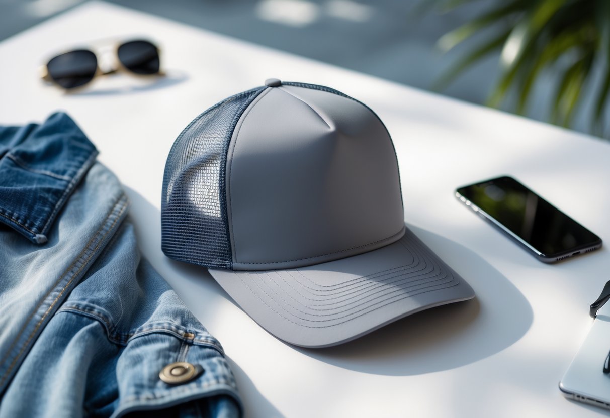 A trucker hat with a mesh back and solid front panel displayed on a surface with a denim jacket, sunglasses, and a smartphone nearby.