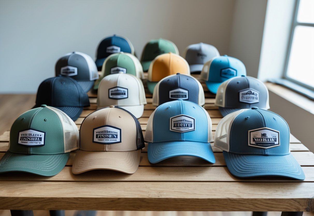 A collection of trucker hats arranged on a wooden table in a bright studio.
