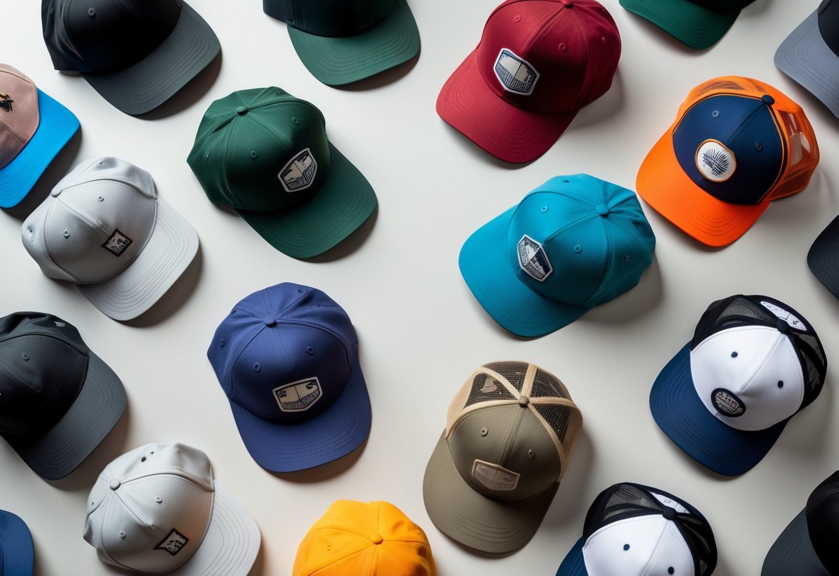 A collection of various types of baseball hats arranged on a neutral background.