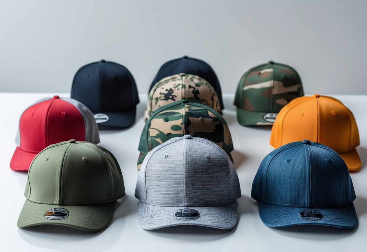 A collection of various snapback baseball hats displayed on a white surface, showing different colors and styles with adjustable snap closures.