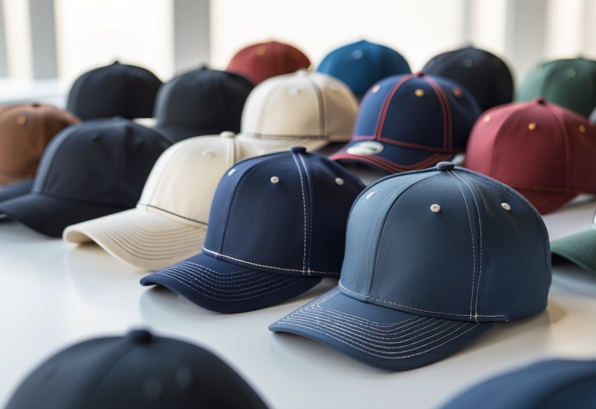 A collection of fitted baseball caps arranged neatly on a white surface.