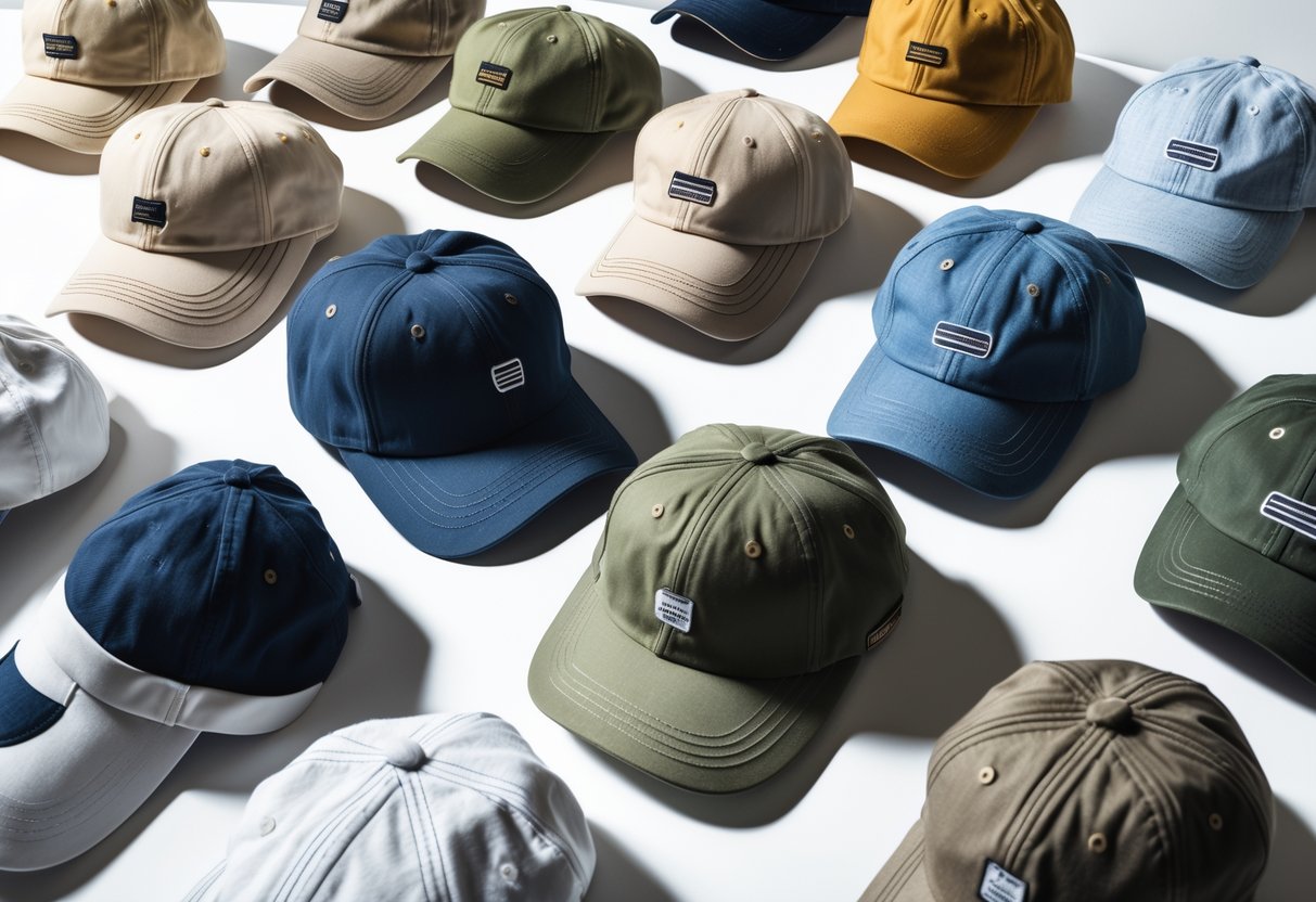 A collection of various baseball-style dad hats in different colors and materials arranged on a white surface.