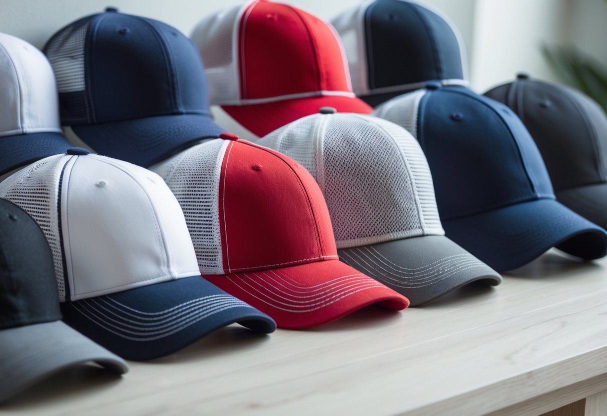 A collection of various trucker caps and baseball hats arranged on a wooden surface.