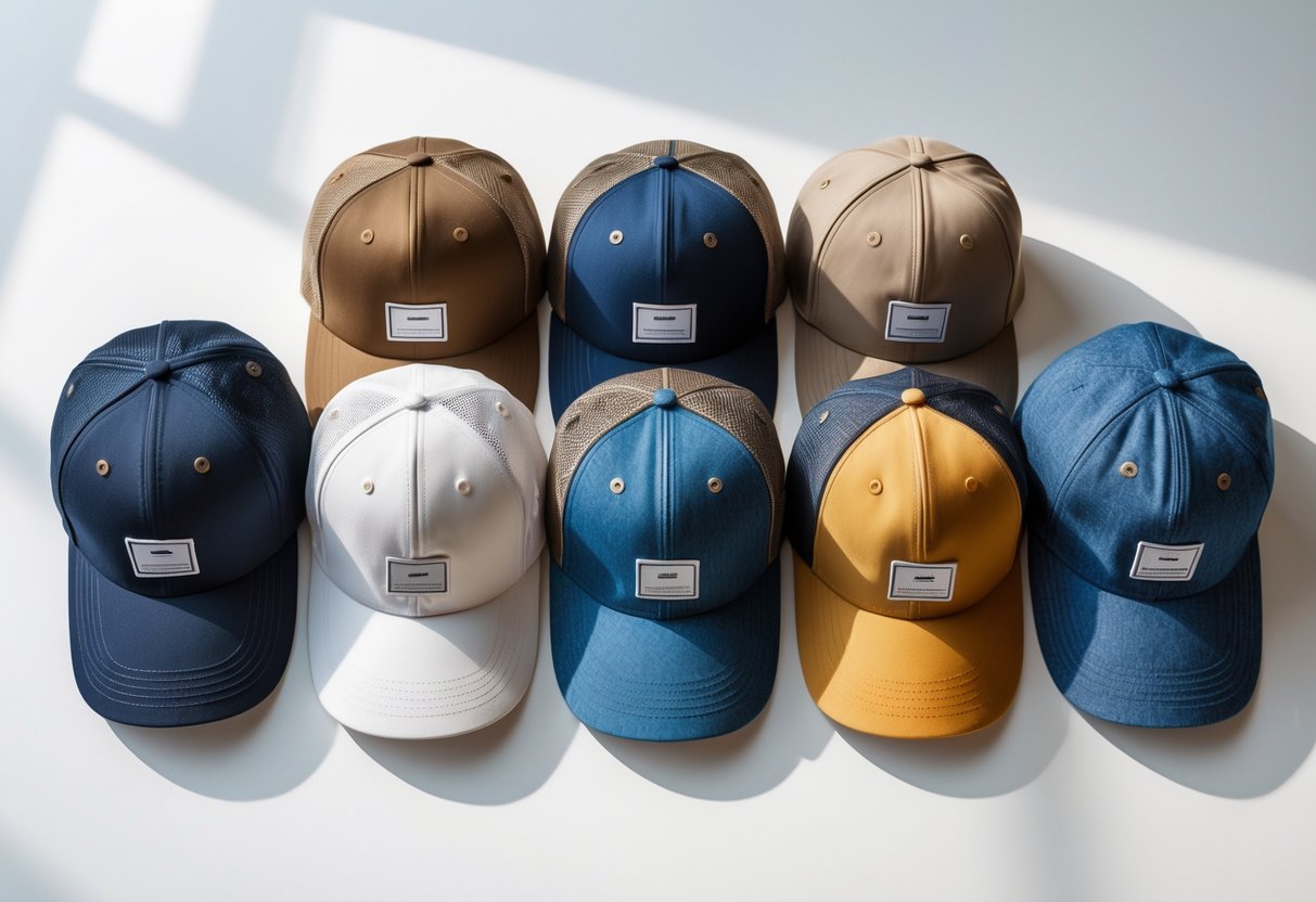 Five different five-panel baseball caps in various colors and materials arranged in a row on a white background.
