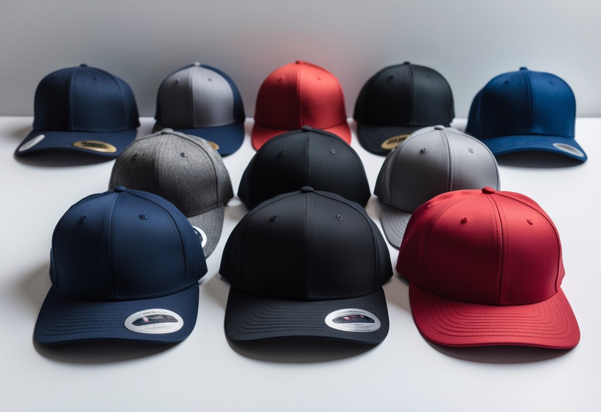 A collection of various Flexfit baseball caps in different styles and colors arranged on a white surface.