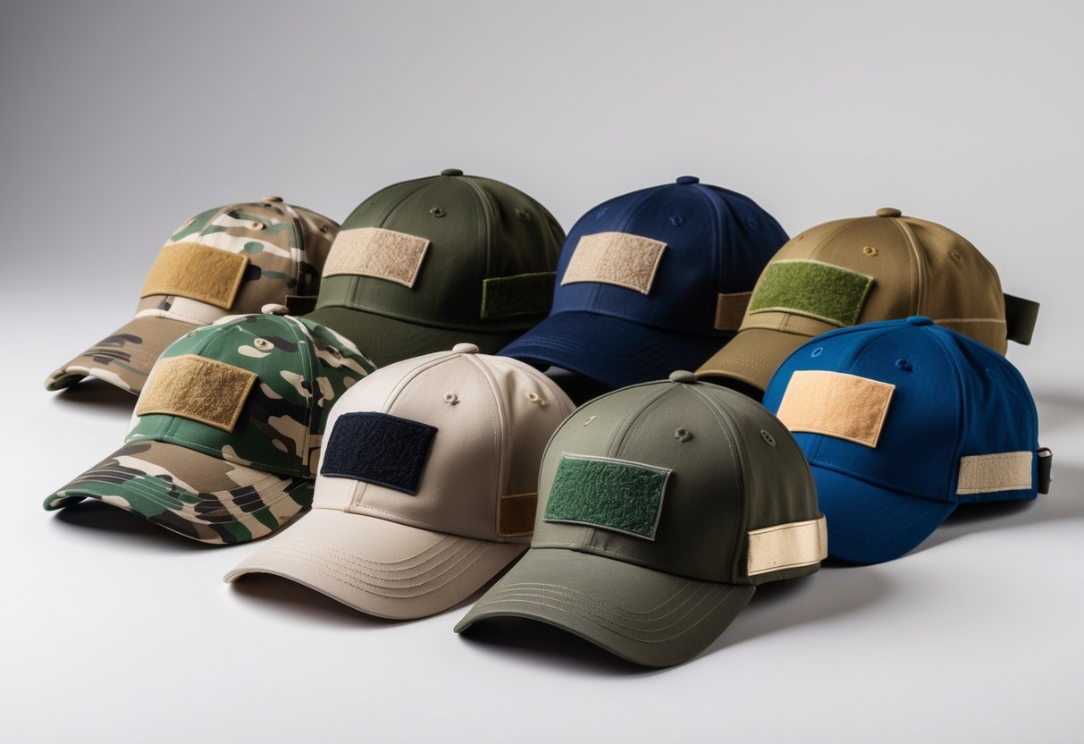 A collection of various military-style baseball caps in different colors and patterns arranged on a plain surface.