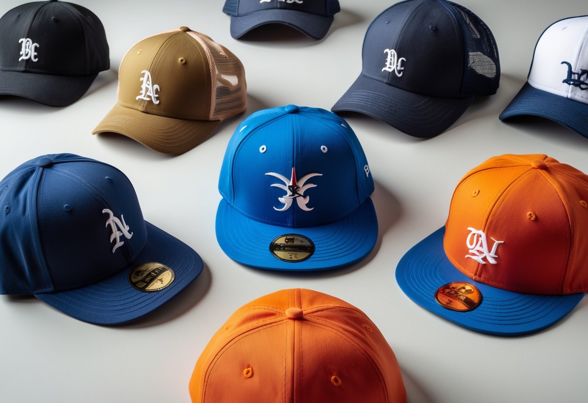A collection of various baseball hats including fitted caps, snapbacks, strapbacks, and bucket hats arranged on a plain background.