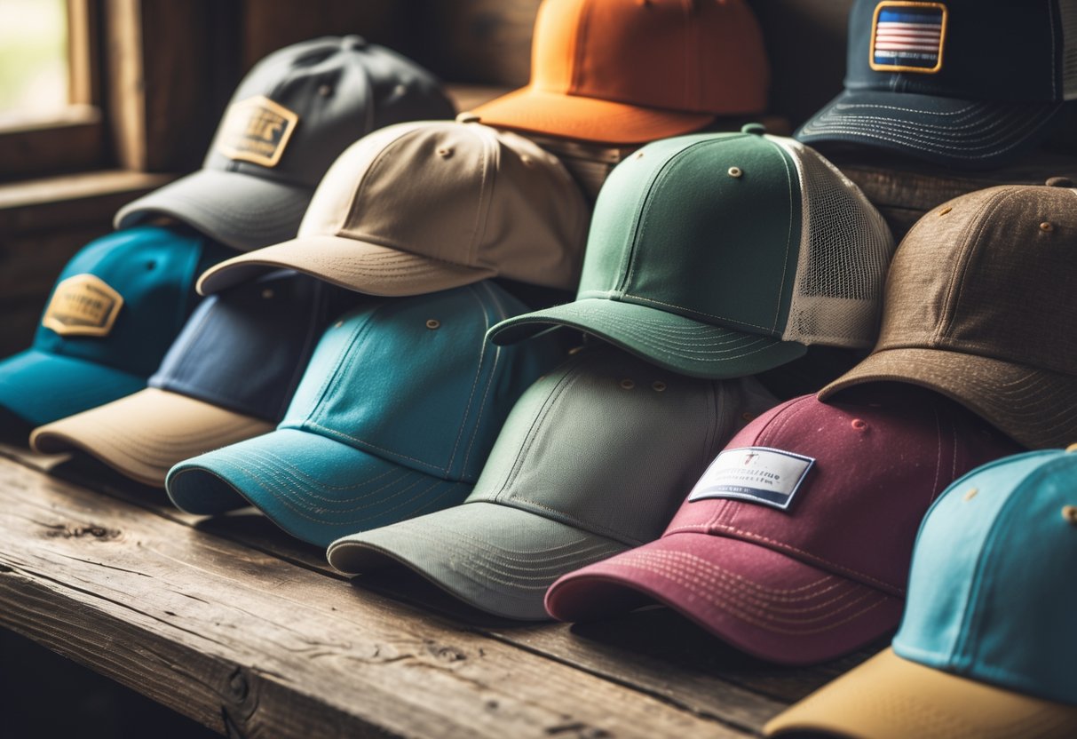 A collection of vintage baseball caps arranged on a wooden surface.