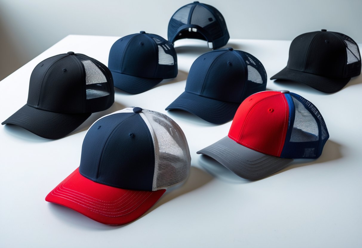 A group of various mesh back baseball caps in different colors arranged on a white surface.