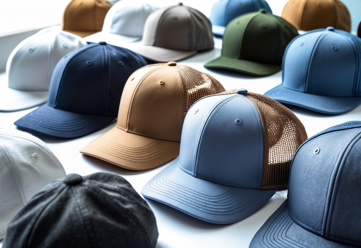 A collection of baseball hats made from different materials and constructions arranged on a white surface.