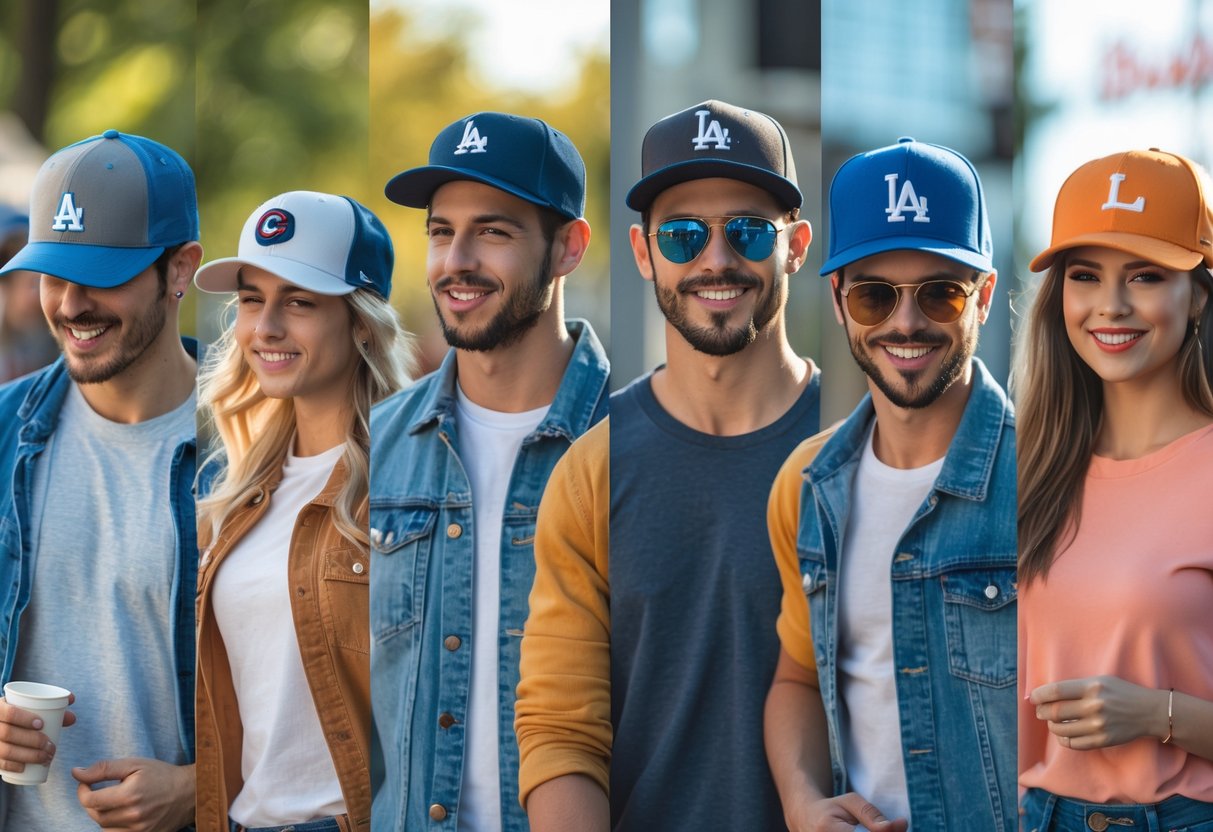A group of people wearing different types of baseball hats in various outdoor and urban settings.