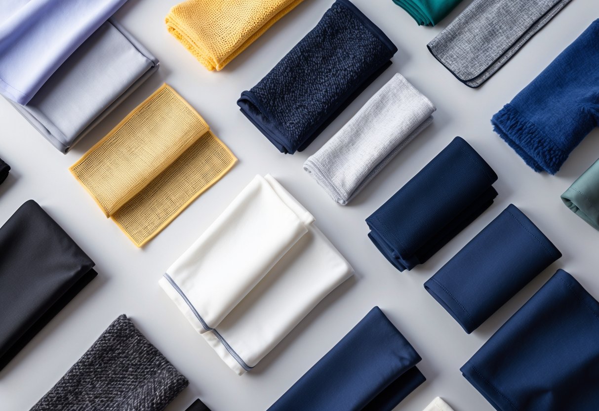 Twelve different tracksuit fabric swatches arranged on a neutral background, showing various textures and colors.