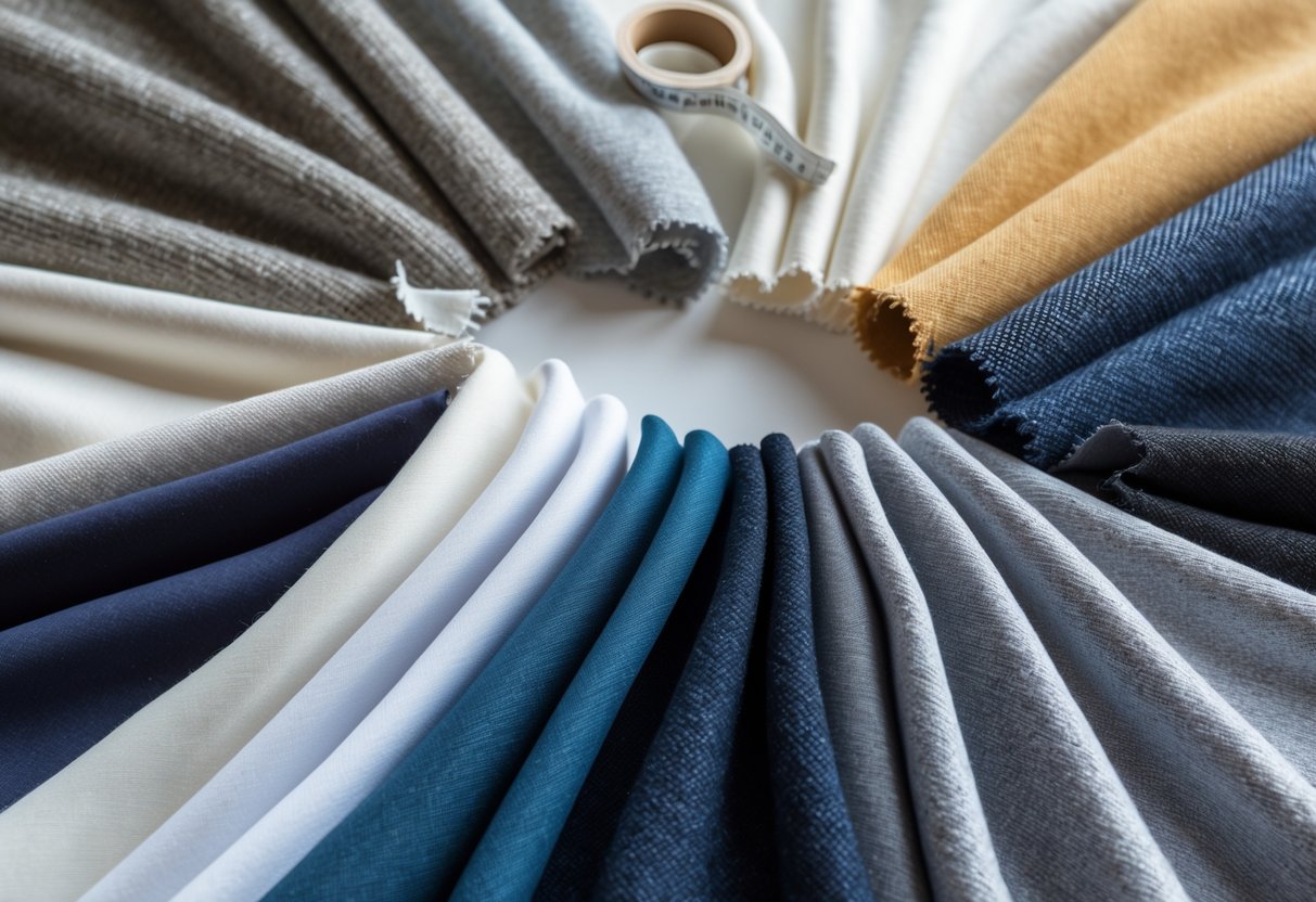 Twelve different tracksuit fabric swatches arranged on a neutral background with sewing tools around them.