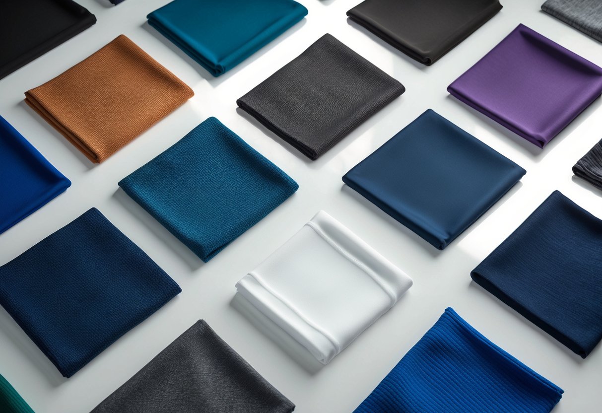 Twelve different tracksuit fabric swatches arranged neatly on a white surface, showing various textures and colors.