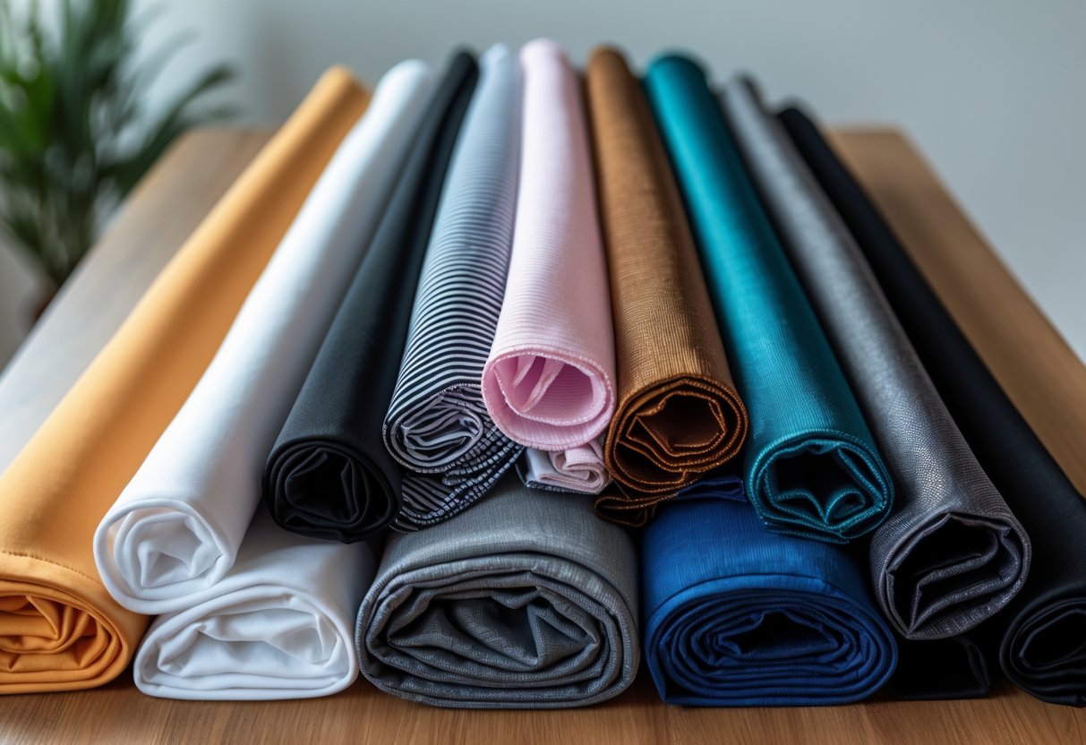 A collection of 12 different tracksuit fabric samples arranged on a table, showing various textures and colors.