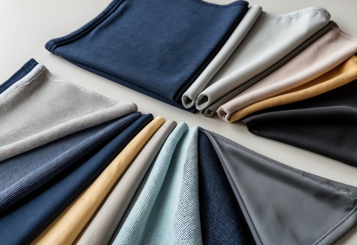 Twelve different tracksuit fabric swatches arranged neatly on a neutral background, showing various textures and colors.