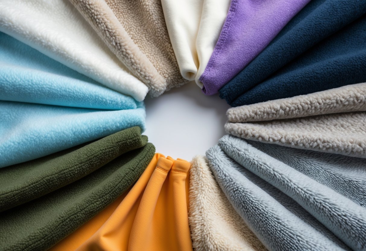 Twelve different tracksuit fabric swatches arranged neatly on a neutral background, showing various textures and colors of fleece materials.