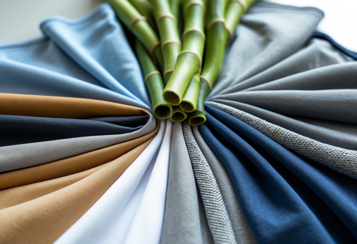 A collection of twelve different tracksuit fabrics neatly arranged, with bamboo fabric prominently displayed in the center.