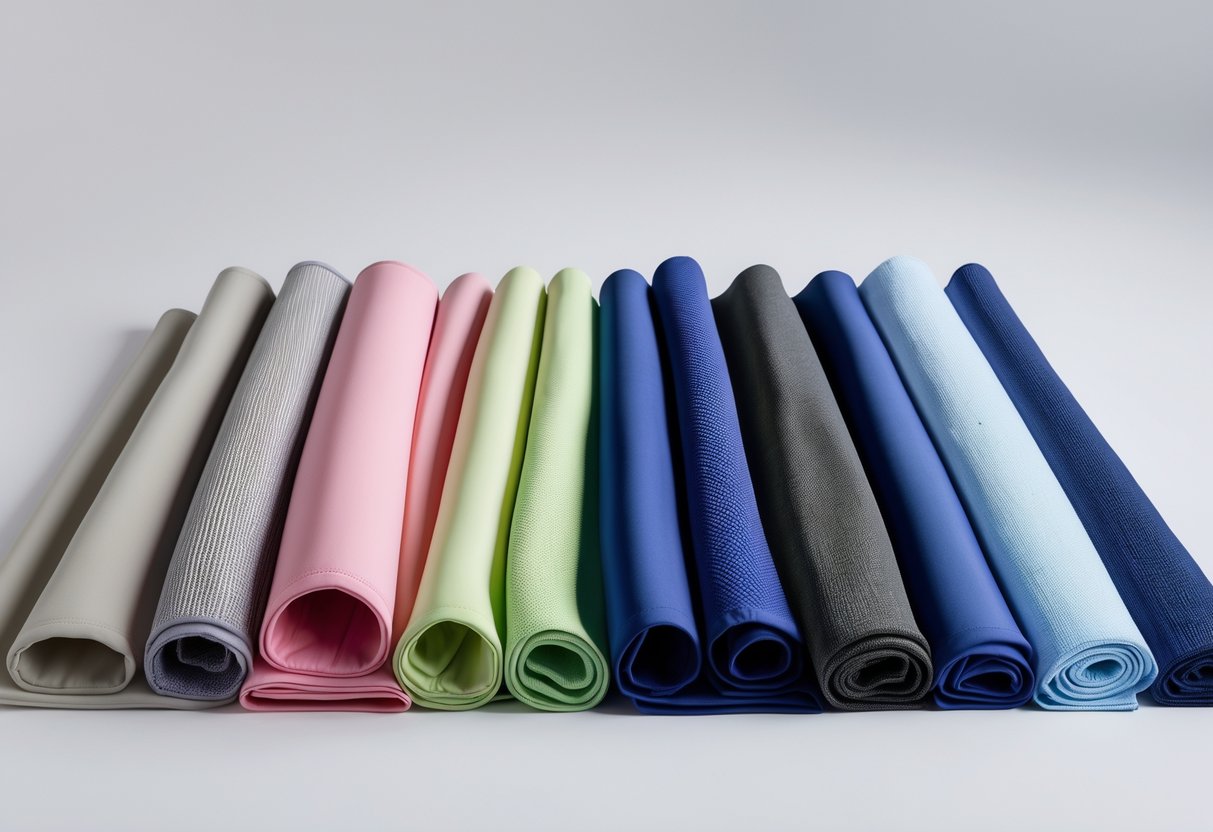 Twelve different tracksuit fabric samples neatly arranged on a white surface, showing various colors and textures.
