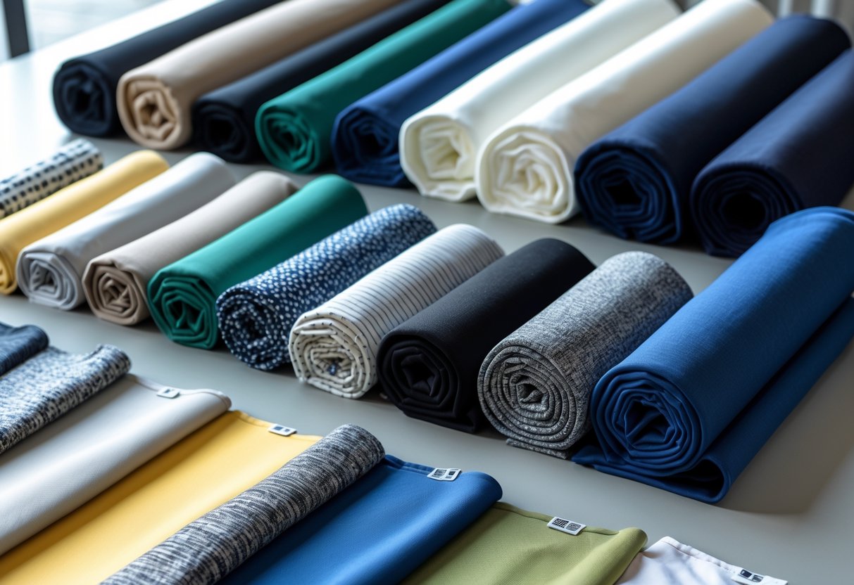 A collection of twelve different tracksuit fabric samples, including recycled polyester, arranged neatly on a clean surface.