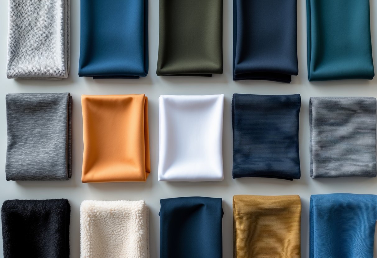 Twelve different fabric swatches arranged on a neutral background showing various textures and colors used for tracksuits.