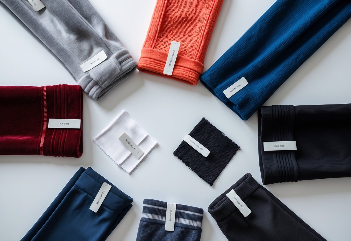 A collection of twelve different tracksuit fabric samples arranged neatly on a white background, showing various colors and textures.