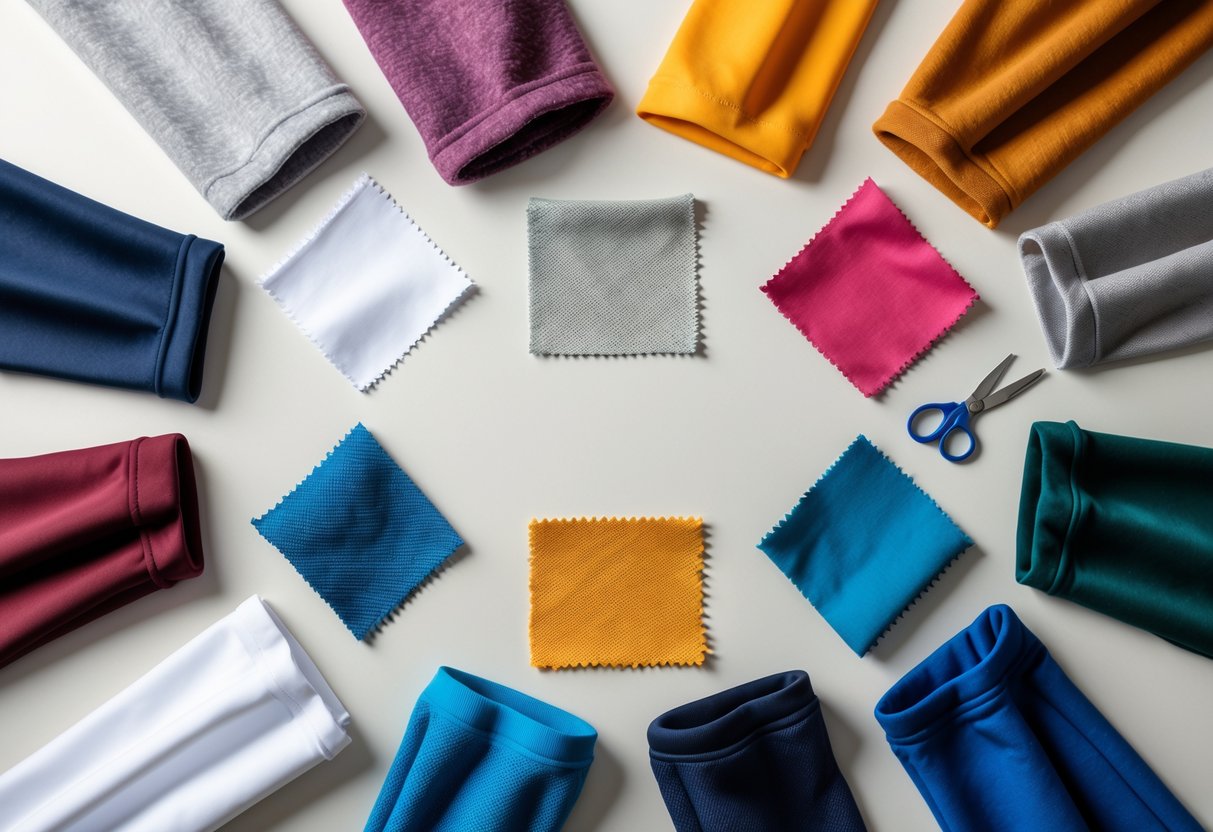 A flat lay of twelve different tracksuit fabric swatches arranged on a neutral background with sewing tools nearby.