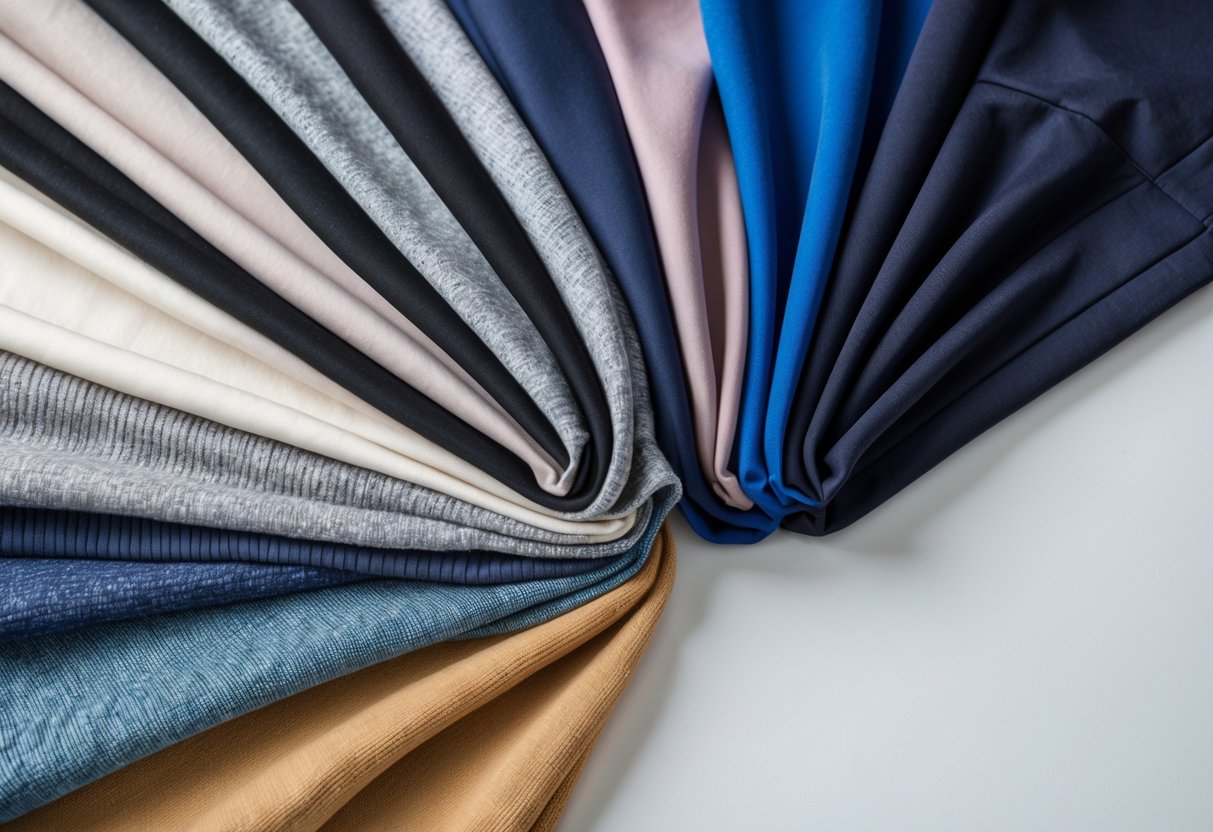A collection of 12 different tracksuit fabric swatches arranged neatly on a clean surface, showing various textures and colors.