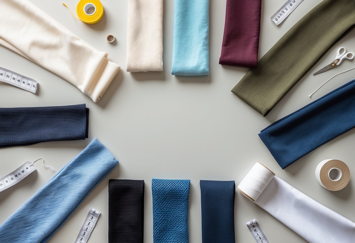 A flat lay of twelve different tracksuit fabric samples arranged neatly with sewing tools on a neutral background.