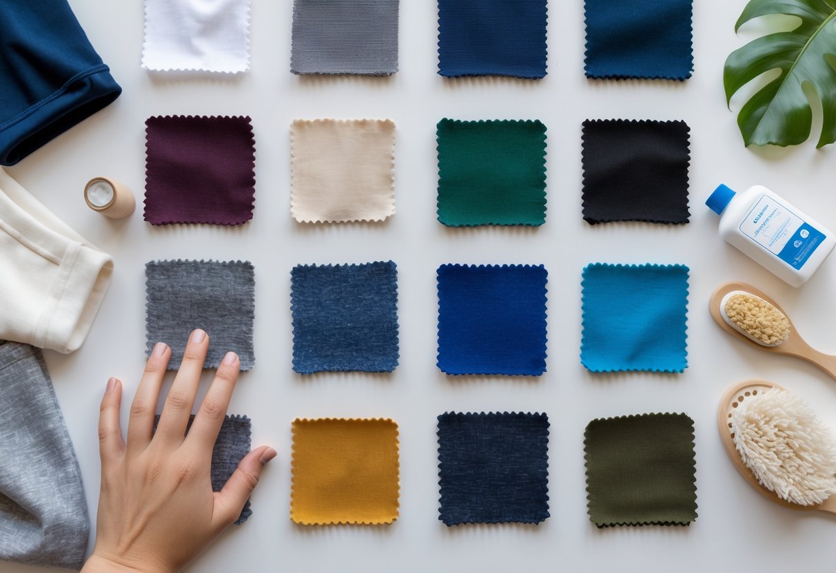 A collection of 12 different tracksuit fabric swatches arranged on a white surface with hands touching a fabric sample and fabric care items nearby.