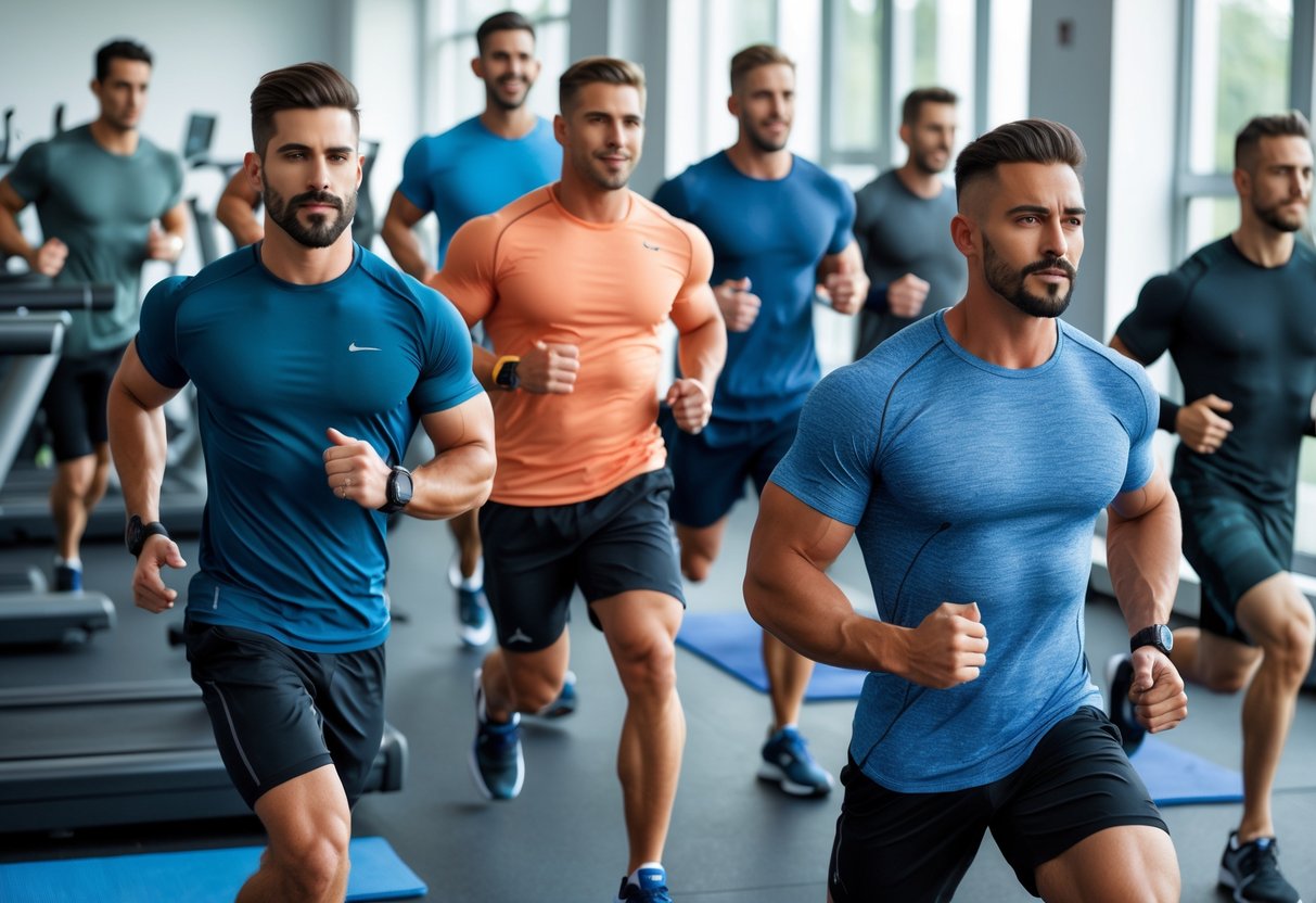 A group of men wearing different workout shirts exercising in a gym with fitness equipment.