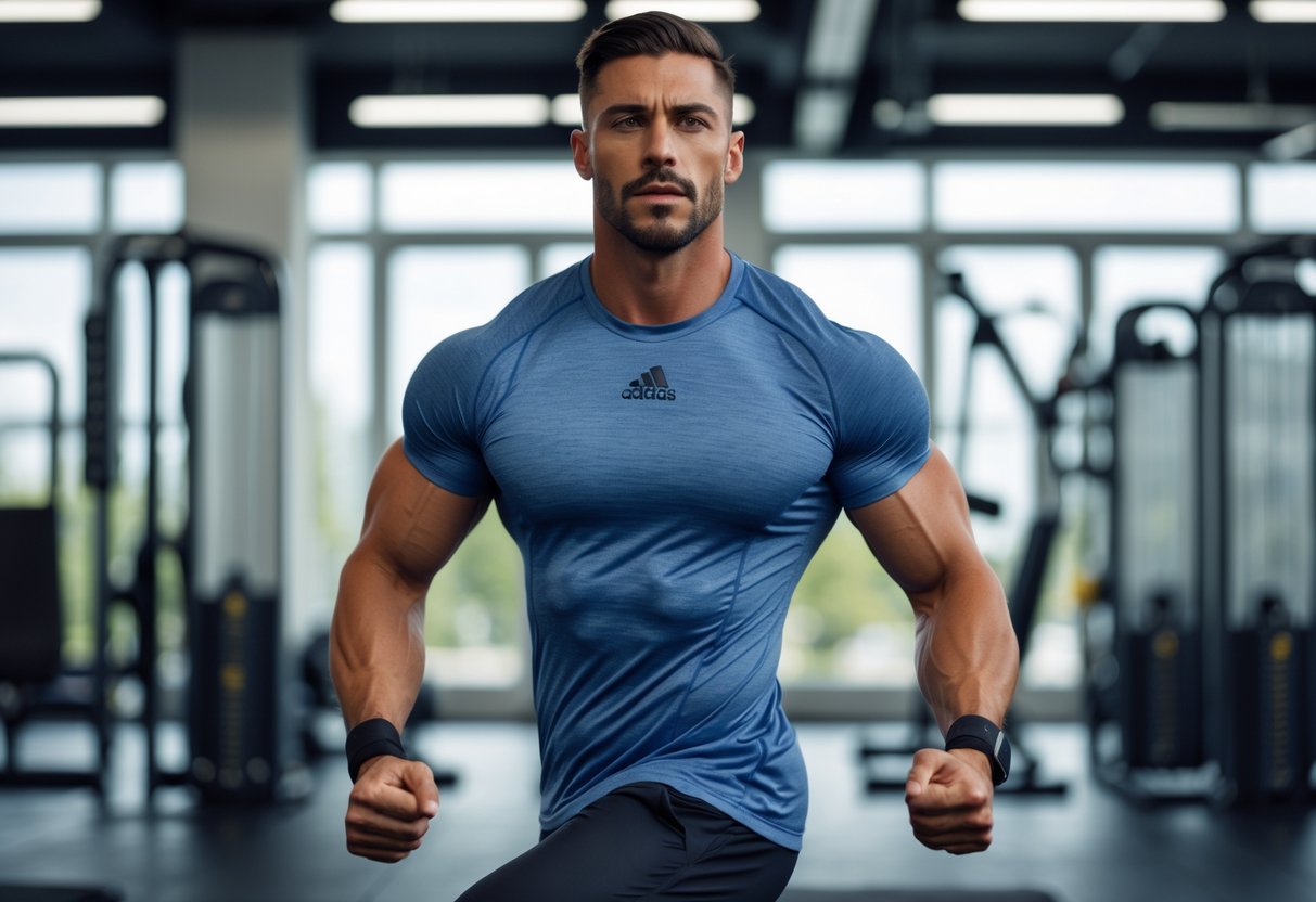 A man exercising in a gym wearing a fitted Adidas workout shirt.
