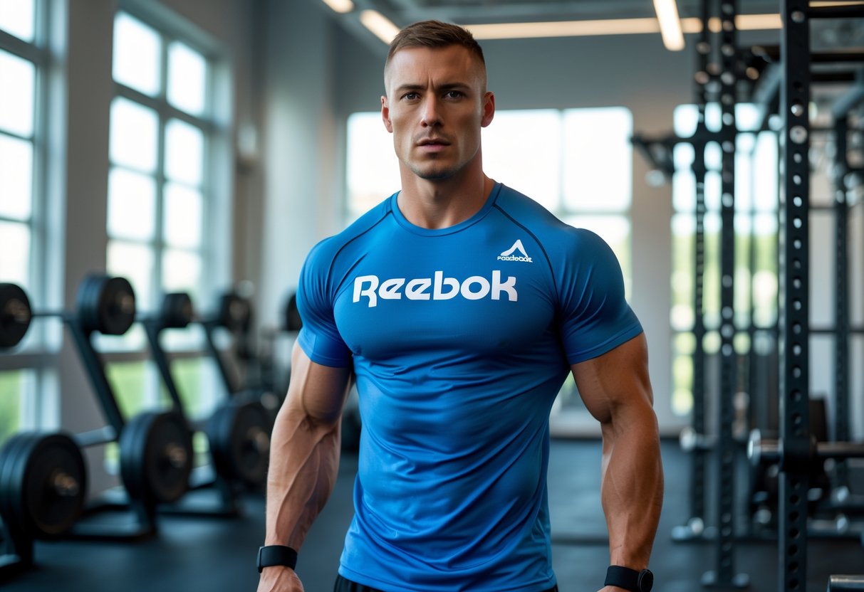 A fit male athlete wearing a workout shirt stands in a gym with exercise equipment in the background.