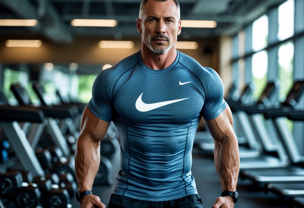 A fit man wearing a Nike workout top exercising in a gym with gym equipment in the background.