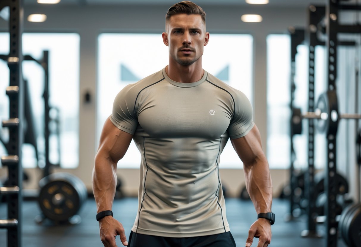 Athletic man wearing a fitted workout shirt standing in a gym with exercise equipment in the background.